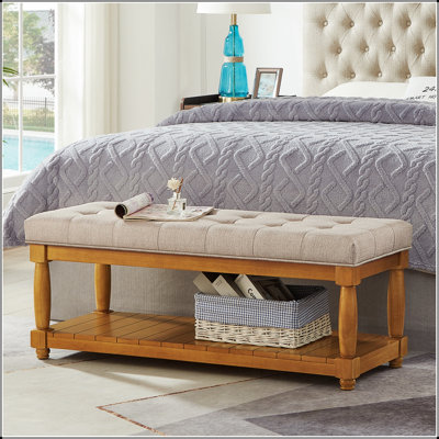 Banc rembourré en lin avec tablette de rangement, repose-pieds capitonné pour la chambre à coucher, le vestibule et le salon, pieds en bois massif