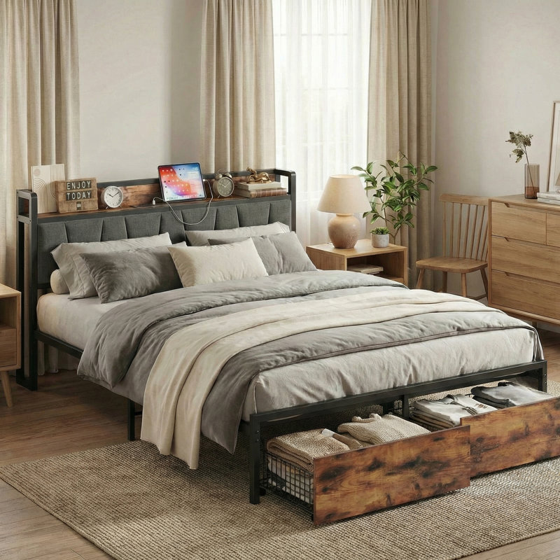 Queen Platform Bed with Drawers and Charging Headboard, Platform Bed with Storage, Sturdy Metal Frame, No Box Spring Needed, Vintage Brown and Gray