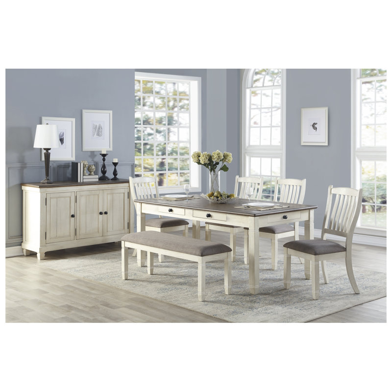 Banc de salle à manger en bois antique blanc de 48 pouces avec siège rembourré en tissu texturé gris