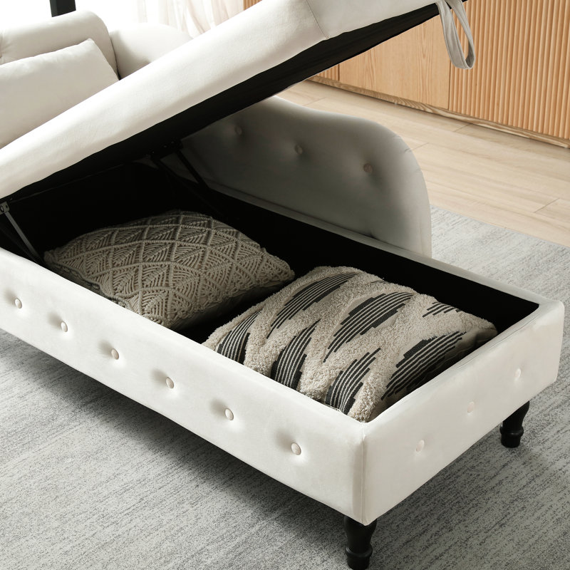 Chaise longue 2 en 1 en velours beige avec rangement, boutons, pieds en bois massif et coussin pour différentes pièces Bureau à garniture cloutée multifonctionnelle