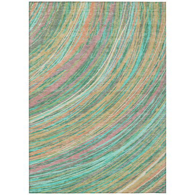 Machine Washable Indoor/Outdoor Xhevrie Teal Rug
