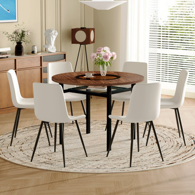Ensemble table et chaises. Table de salle à manger ronde de 107 cm (42 pouces), style minimaliste moderne, fini bois brun. Comprend 6 chaises blanches en polyuréthane synthétique avec coussins incurvés et larges. Convient aux salles à manger, aux bureaux, etc.