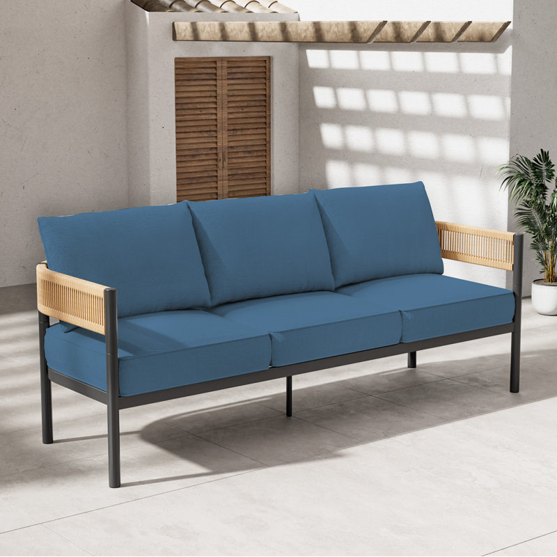 Maine 3-Person Wicker Outdoor Sofa, Peacock Blue Cushion/Natural Arm