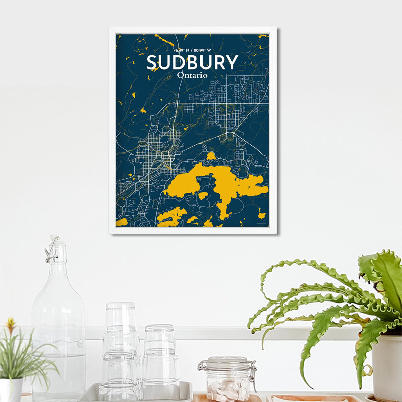 Sudbury City Map, impression, H 20 po x l 16 po, Bleu / jaune