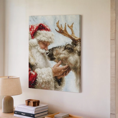 Canvas A Heartwarming Winter Scene Featuring A Jolly Figure In A Wall Art Red And White Fur Trimmed Coat Gently Interacting With A Canvas Wall Art