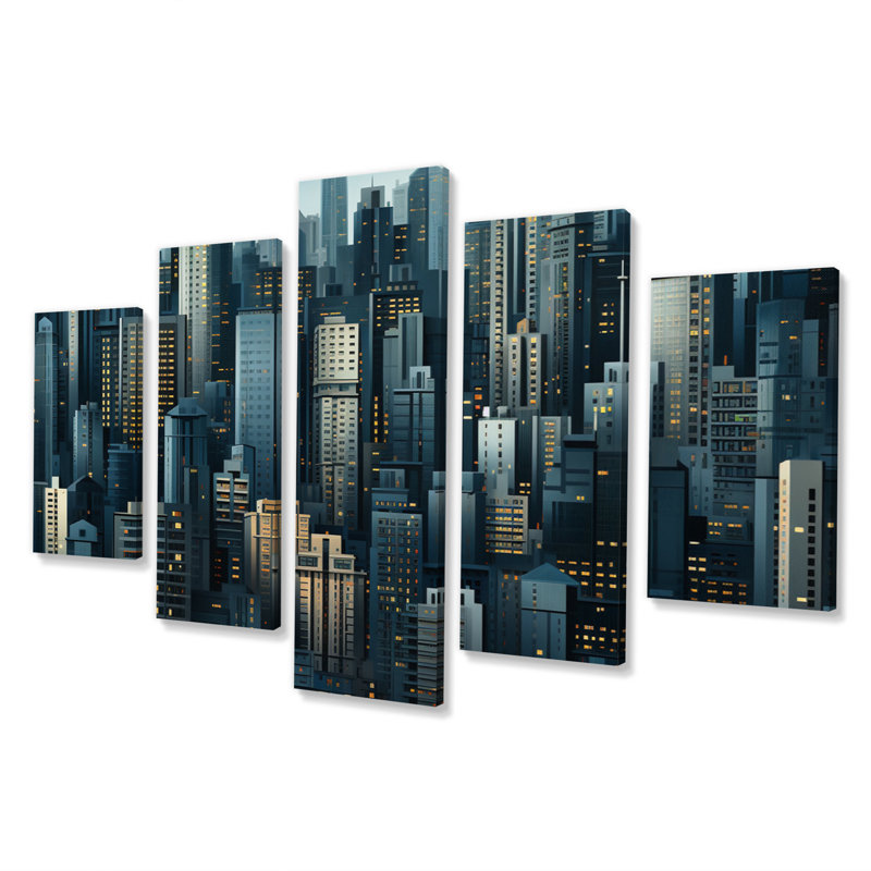 «Skyscrapers Symphony Slate I», reproduction d'art sur toile - 5 panneaux