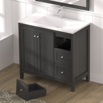 Meuble-lavabo 35,5 po, noir, lavabo en résine, rangement spacieux, charnières, surface d'eau, armoire de conception américaine, imperméable