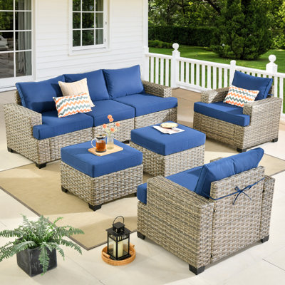 7 - Person Patio Furniture Set with Chairs, Outdoor Wicker Rattan Sectional Seating Group with Cushions, All Weather Sofa Conversation Set with Ottomans for Garden Backyard