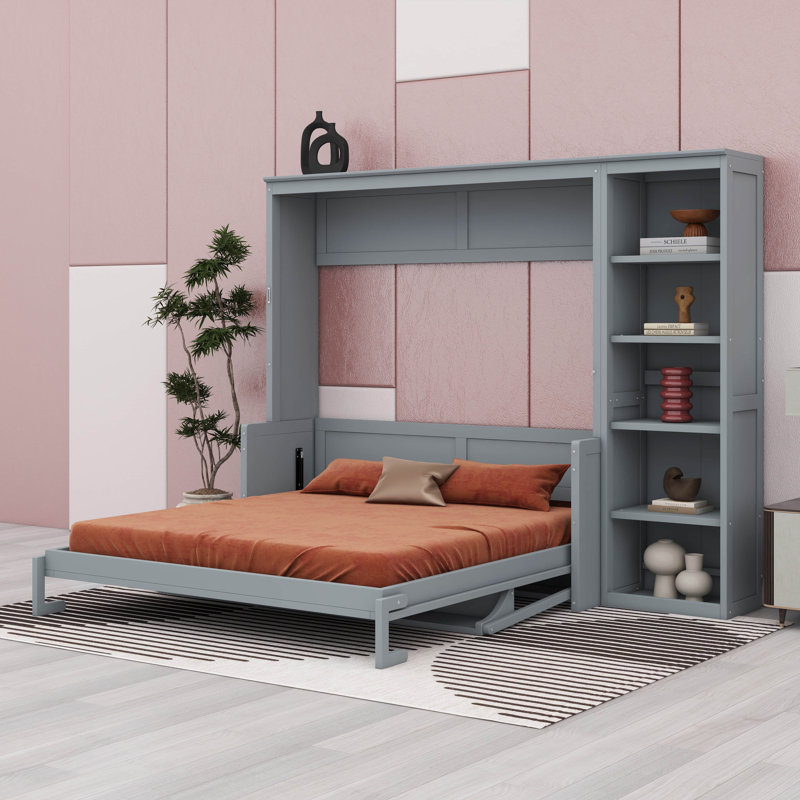 Grand lit escamotable avec bureau et bibliothèque, Grand lit, Gris