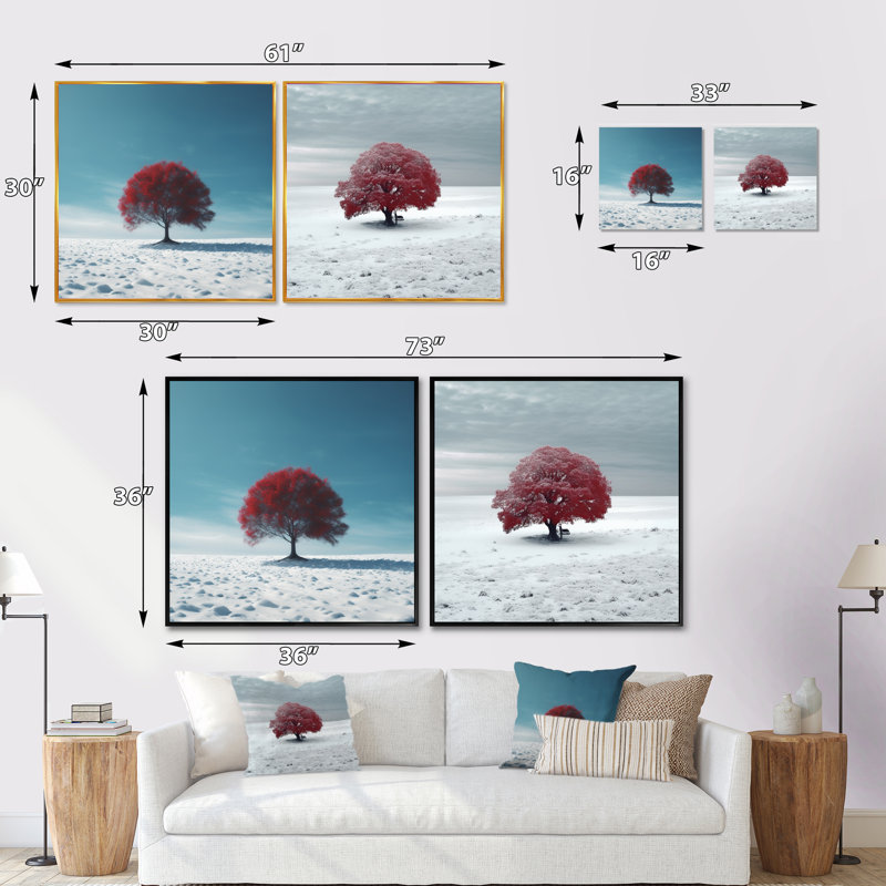 Arbre rouge dans la neige - ensemble de 2 collages carrés, Toile tendue, H 16 po x l 33 po