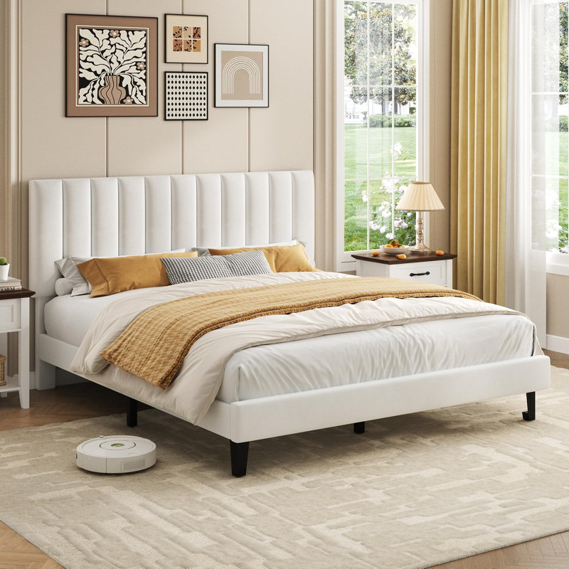 Lit plateforme tapissier simple avec tête de lit en velours, antidérapant et silencieux / support en lattes de bois / aucun sommier requis, blanc