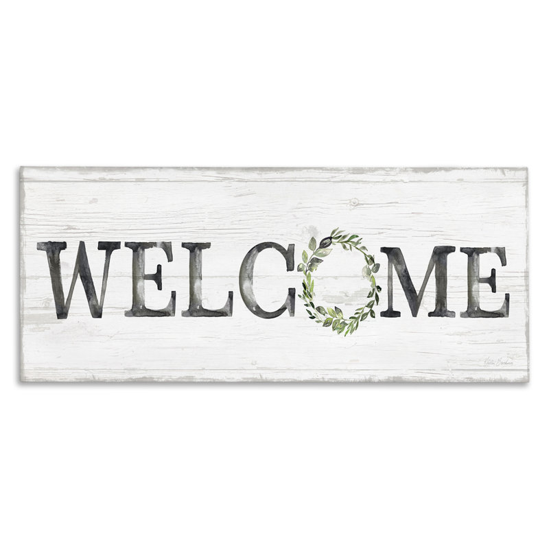«Welcome with Floral Wreath», art mural sur toile par Kristen Brockmon, H 20 po x l 48 po
