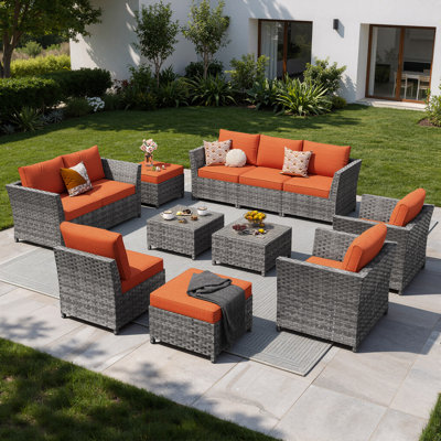 Briela 8 - Person Outdoor Seating Group with Cushions with Fire Pit table No Assembly Required