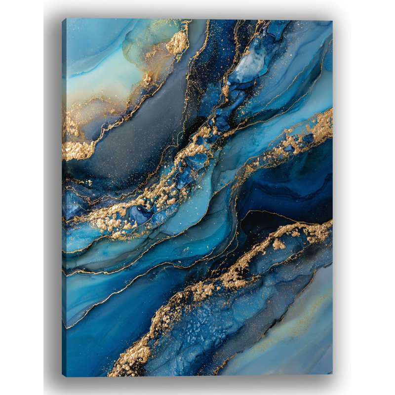 Blue Gold River Abstract Wrapped Canvas Wall Art Print, 16"H x 12"W x 1"D