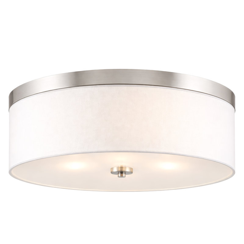  Walker 20" Large Mid-century Modern 3-light Flush Mount Ceiling Light, White Fabric Shade + Round Glass Diffuser, Brushed Nickel Finish