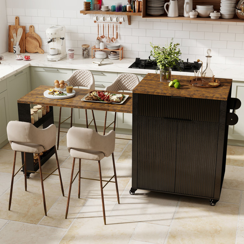 Îlot de cuisine de 81,2 po avec table de salle à manger extensible, prise de courant, grand tiroir et armoire de rangement à 2 portes