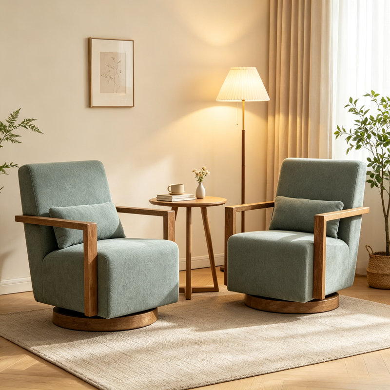 Ensemble de chaises d'appoint pivotantes en mélange de lin à 360 ° avec accoudoirs ouverts en bois massif 29,7 po