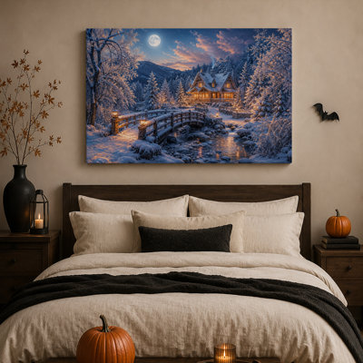 Cabane d'hiver avec fenêtres illuminées et pont en bois - Toile murale d'Halloween
