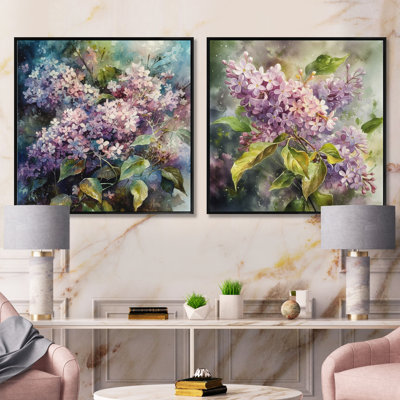 Mauve, vert, beaux lilas - lilas floraux, ensemble de 2 carrés