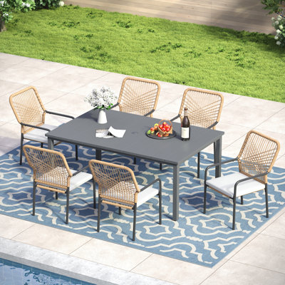 6-Person Rectangular Patio Dining Set with Cushioned Stackable Rattan Chairs