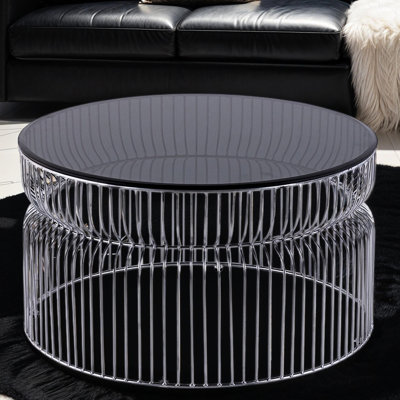 Ensemble de base moderne en métal emboîté et plateau en verre trempé teinté, table basse ronde de 30 po, table de bout d'une hauteur de 21 po, table d'appoint pour le salon, chrome