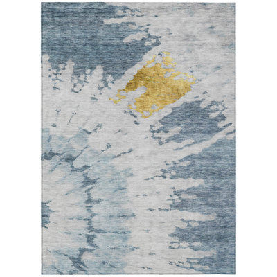 HomeRoots 5' X 8' Denim Blue And Sky Blue Abstract Washable Indoor Outdoor Area Rug