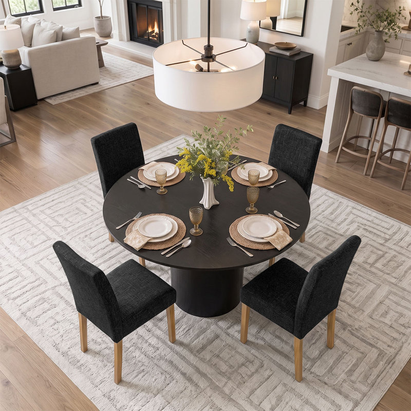 Ensemble de table de salle à manger pour 4 personnes avec table ronde et 4 chaises rembourrées en lin, Noir