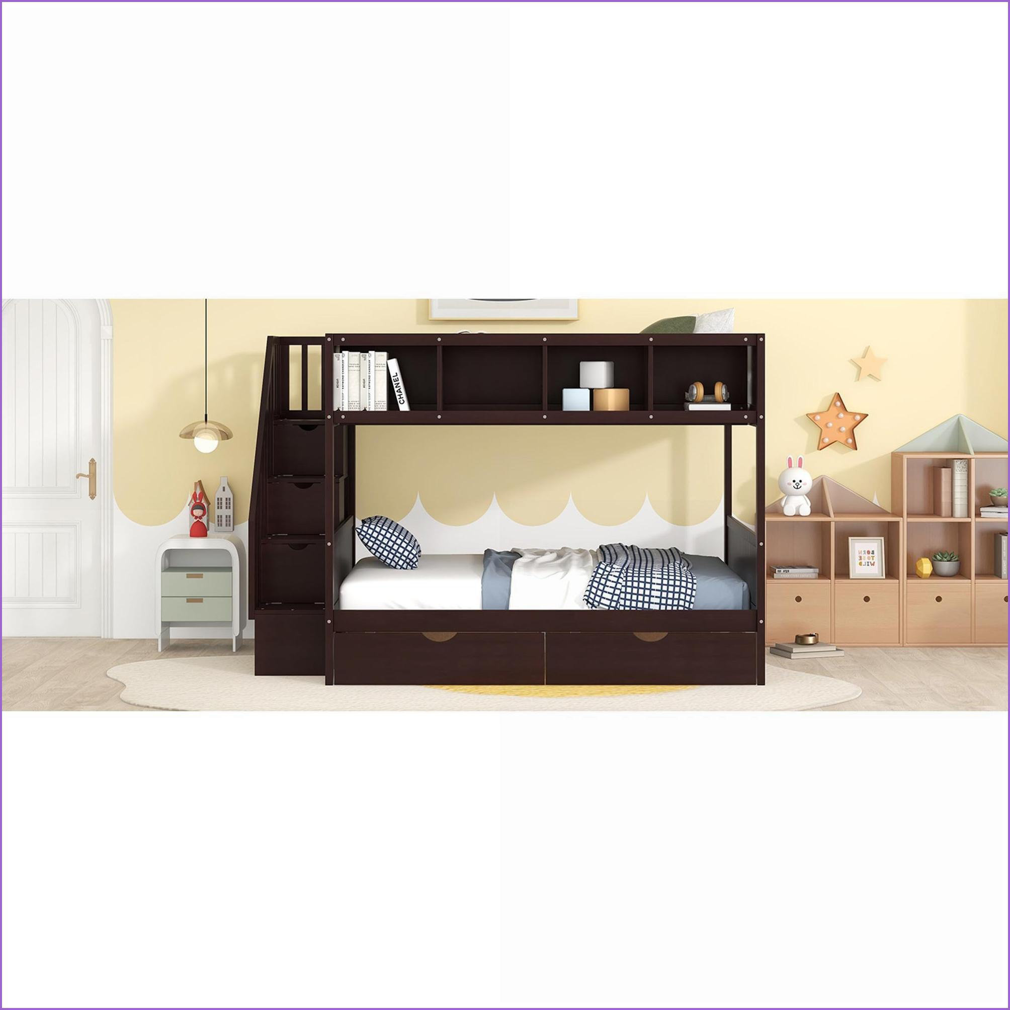 Ebern Designs Twin Over Full Pinewood Bunk Bed with Storage Staircase ...
