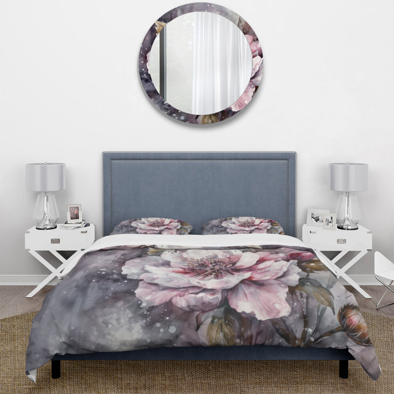 Ensemble de housse de couette pivoines roses et vertes sur branche I, Housse de couette pour grand lit et 2 taies décor