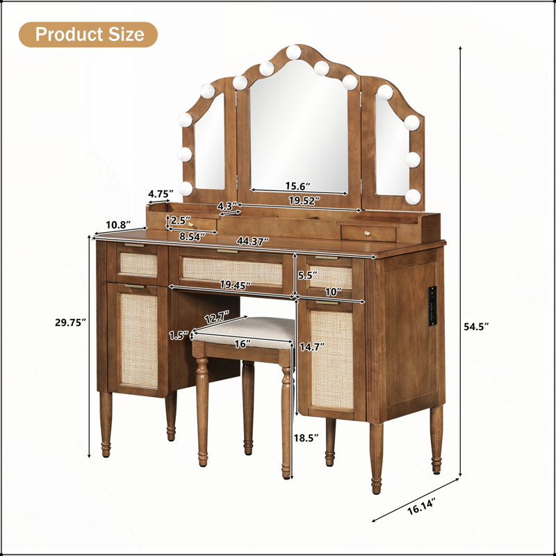Meuble-lavabo de 44,37 pouces avec 13 ampoules Hollywood, 3 modes d'éclairage et beaucoup de rangement pour les chambres à coucher modernes