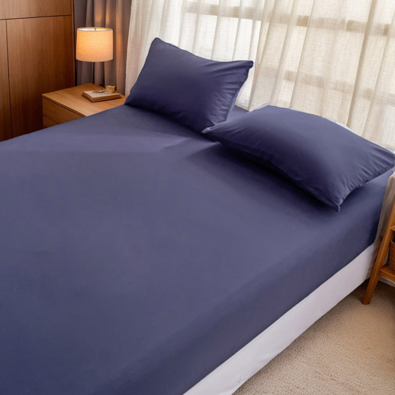 Solid Color Fitted Sheet Set - Navy Blue - King (198x203 cm) (3PCS), King, Navy Blue