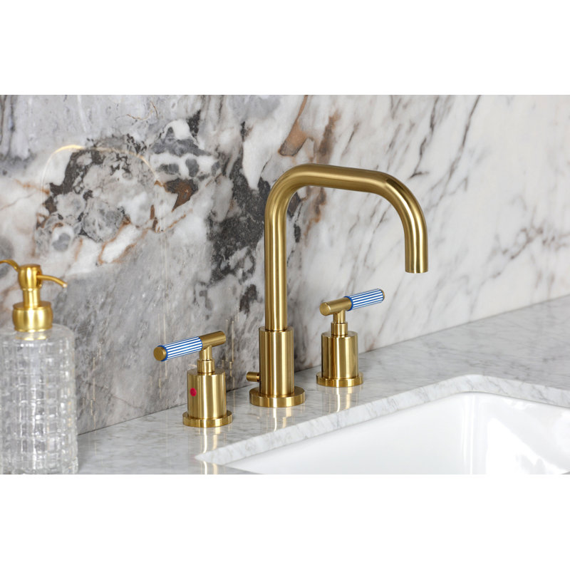 Kingston Brass Synchronous Two-Handle 3-Hole Deck Mount Widespread Bathroom Faucet with Brass Pop-Up Drain, Brushed Brass
