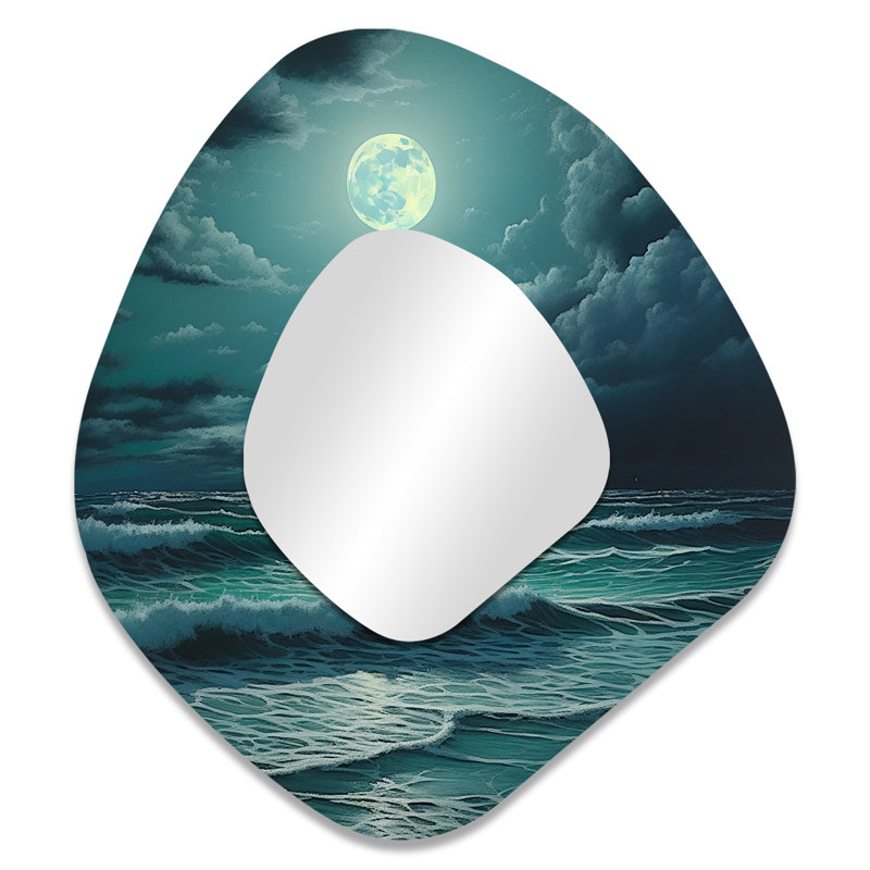 Super lune au-dessus de la mer IV - miroir mural de forme irrégulière bleue, miroir décoratif asymétrique de lune, impression d'art en métal