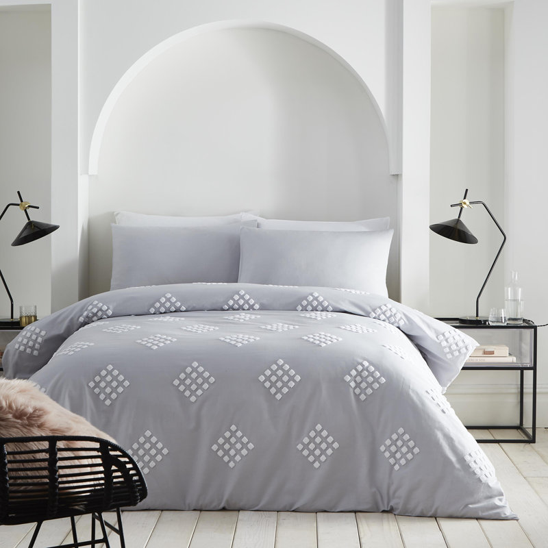 Diamond Tuft Cotton Geometric Shapes Duvet Cover Set with Pillowcases, Single Duvet Cover + 1 Standard Pillowcase, White