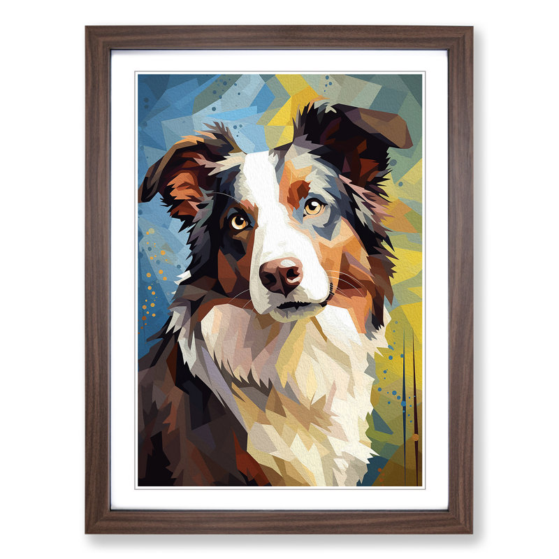 Border Collie Cubism - Single Picture Frame Print on Wood, 46cm H x 34cm W x 2cm D, Walnut Framed