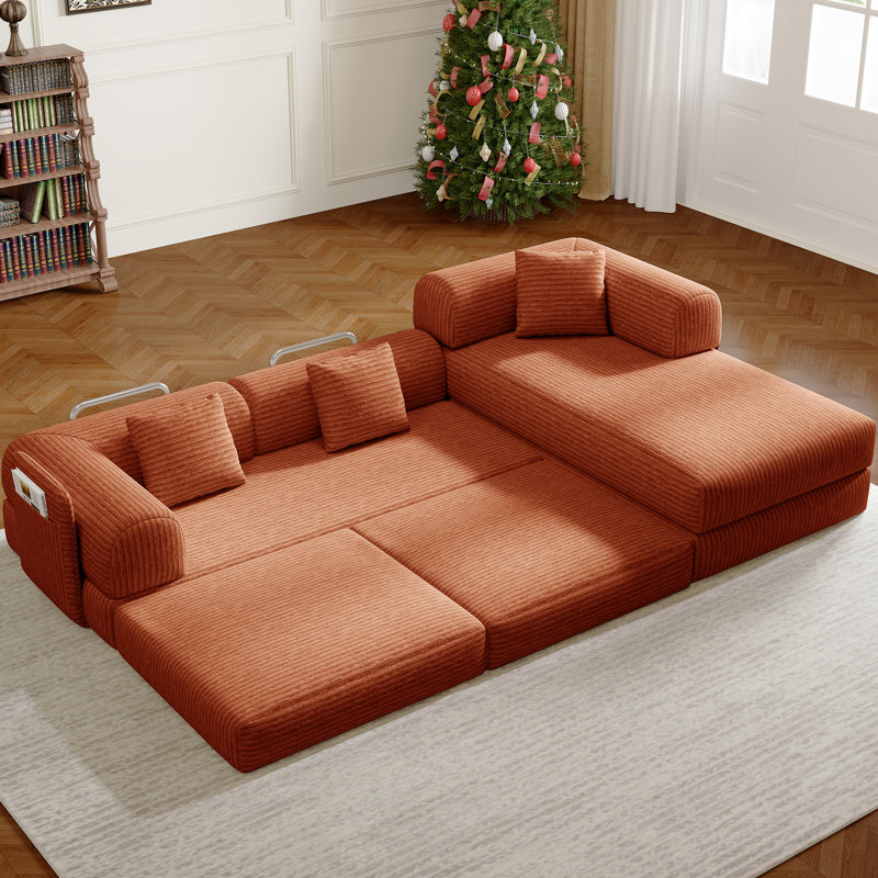 Boneless 106.3" L-Shaped Cloud Sectional Sofa with Oversized Chaise.Modern Convertible Lounge Chair, Corduroy Fabric, Square Platform Design with Metal Frame, Floor Sofa Bed with Fixed-Shape Frame,Living Room Seating with Armrest  Orange