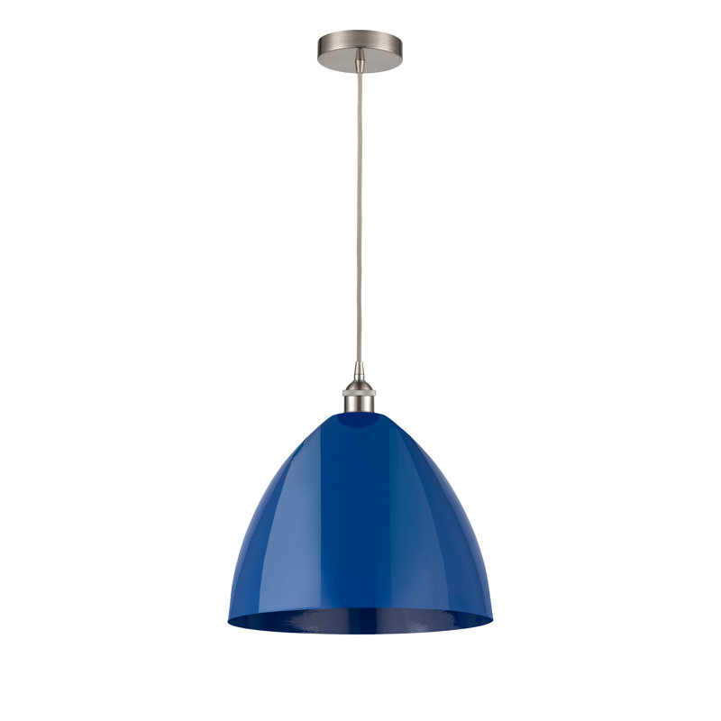1 - Light Single Drop Pendant Pendant, Blue, Brushed Satin Nickel, 14.75" H x 12" W x 12" D