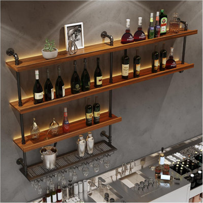 Support à vin mural en bois massif, grand support à vin avec lumière DEL, 4 tablettes à bouteilles flottantes avec support en verre, tablettes de bar industrielles pour la salle à manger de bar à domicile (118,1 po / 300 cm)