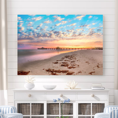 Mccutchen Fine Art Style Pier At Sunset Under Pillowy Clouds And Tranquil Colorful Skies - Wrapped Canvas Photograph