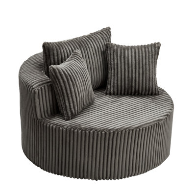 Oversized Round Swivel Accent Chair with Plush Upholstery & Matching Throw Pillows-Brown