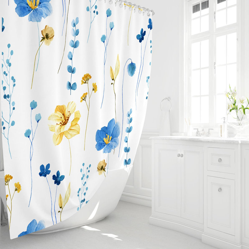 Blue and Yellow Floral Polyester Fabric Shower Curtain with Hooks