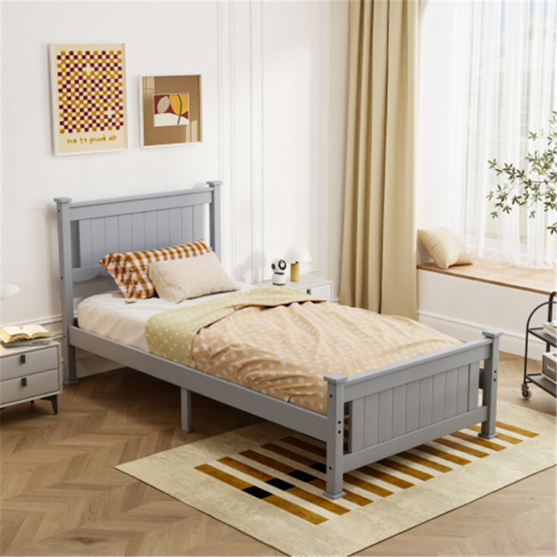 Wood Bed With Headboard, Gray, Twin