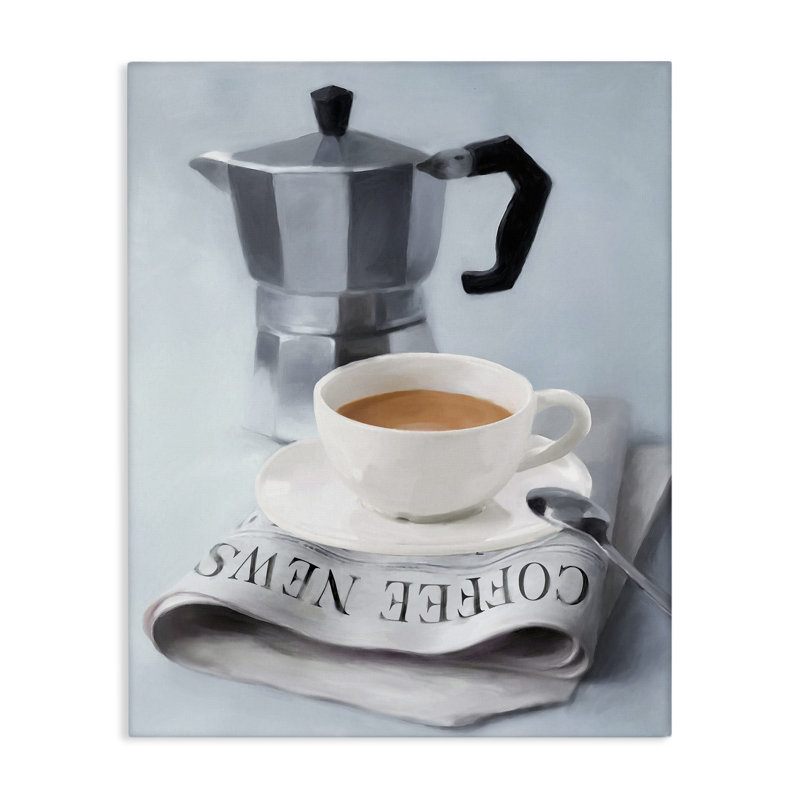 Espresso café et journal, art mural par Carol Robinson, H 20 po x l 16 po