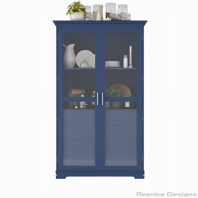 Vitrine de rangement autoportante avec portes en verre et 4 tiroirs intégrés, Bleu