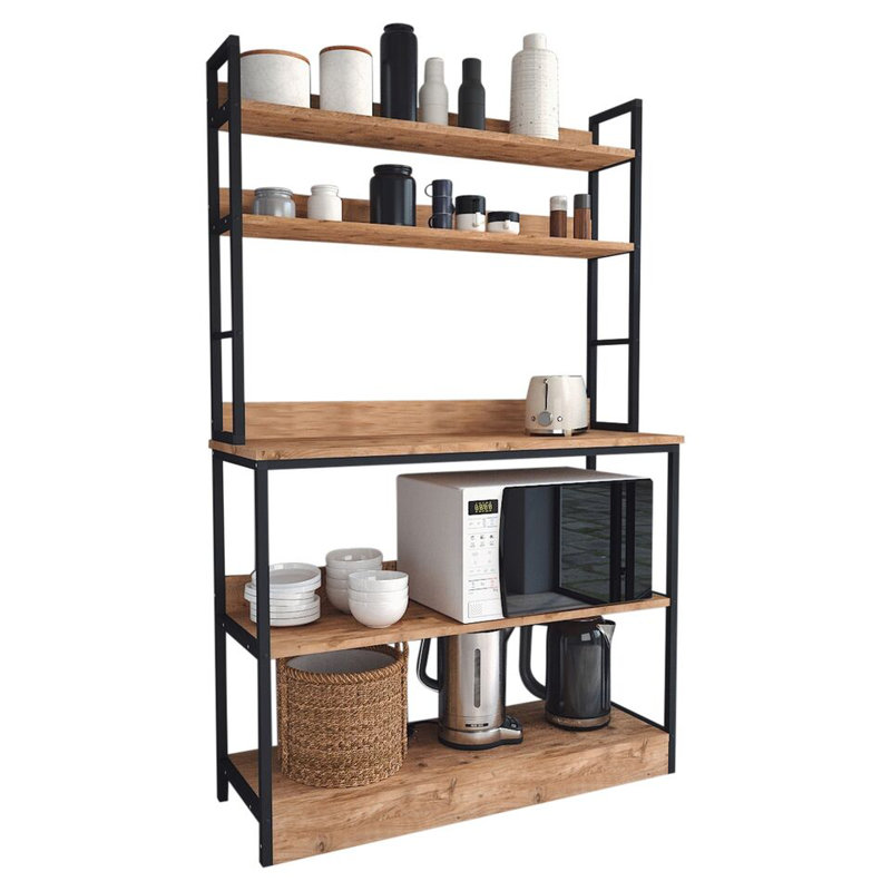 Open Style Wooden Storage Kitchen Counter with Metal Frame, Brown