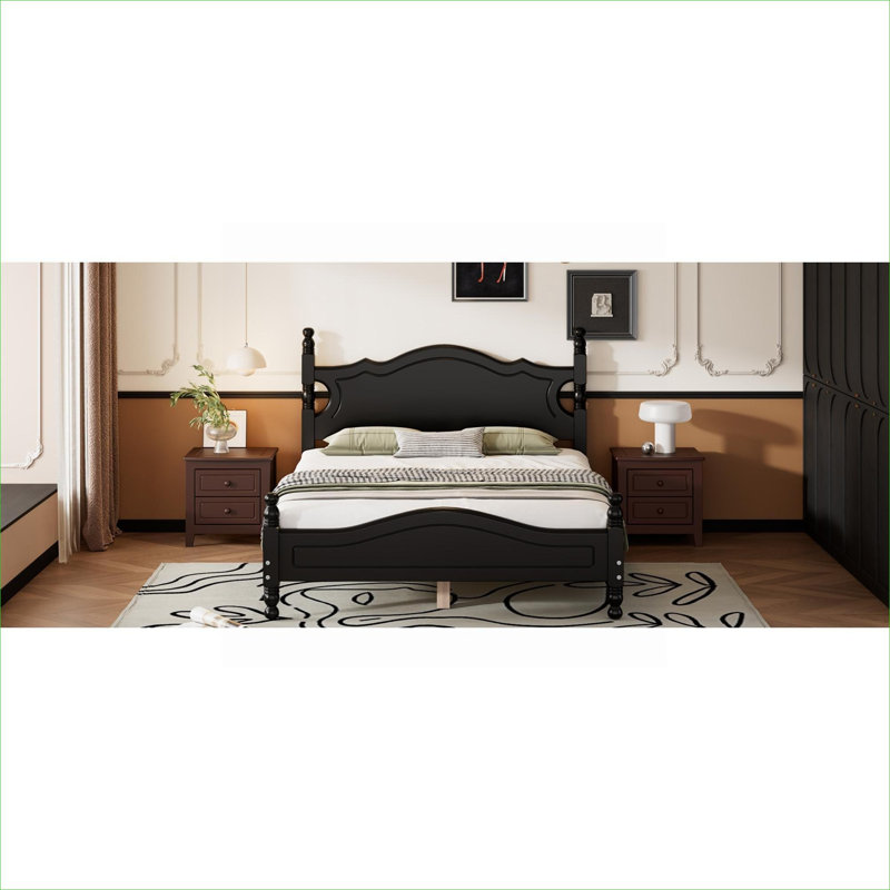 Cadre de lit plateforme en bois pleine grandeur style chambre à coucher avec support à lattes en bois sans sommier noir profond