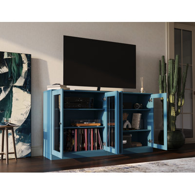 Meuble télé 100% bois massif, console de 64 po de largeur avec portes en verre et rangement