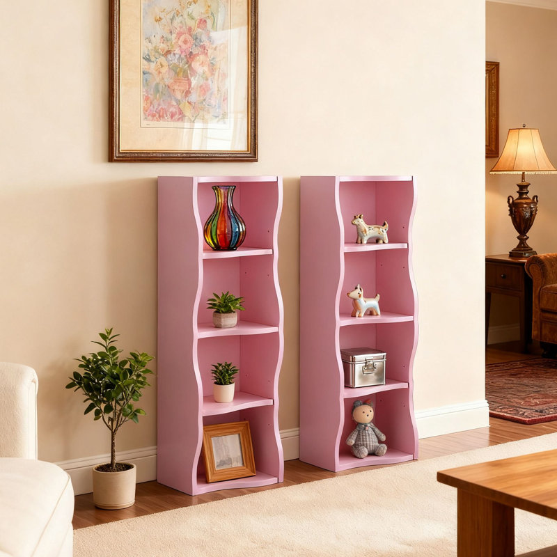Grande bibliothèque étroite à bord ondulé, présentoir autoportant pour bureau à domicile, plusieurs couleurs, Rose