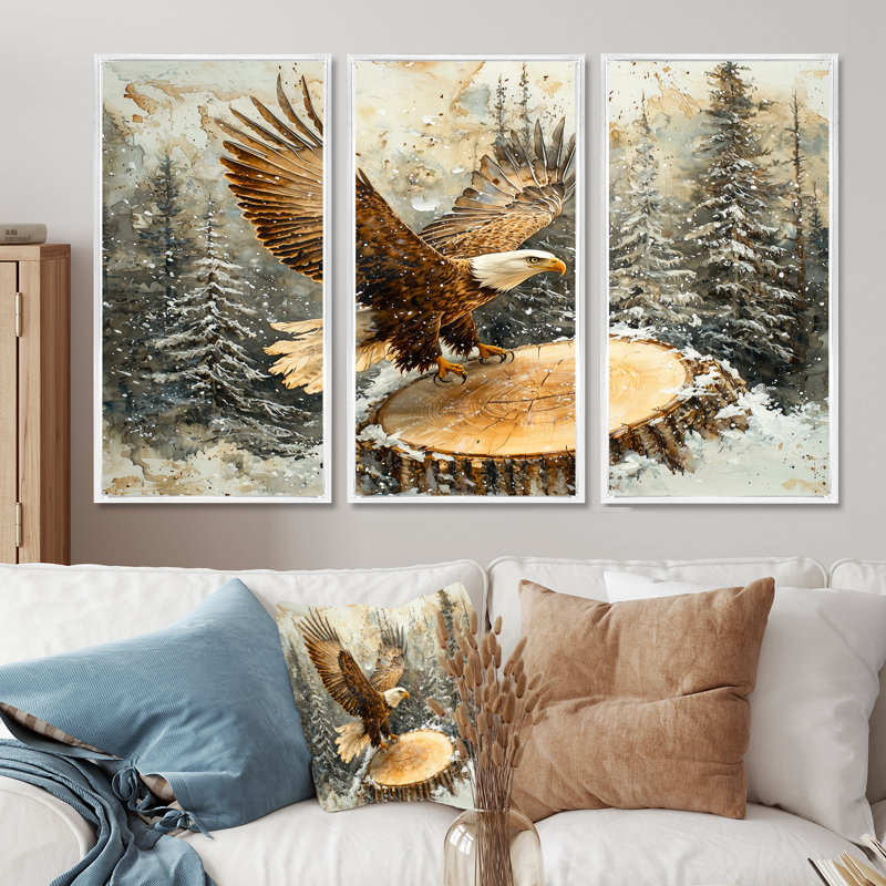 Aigle vol du chasseur en hiver II - Art mural aigle - ensemble de 3, H 28 po x l 36 po, Blanc