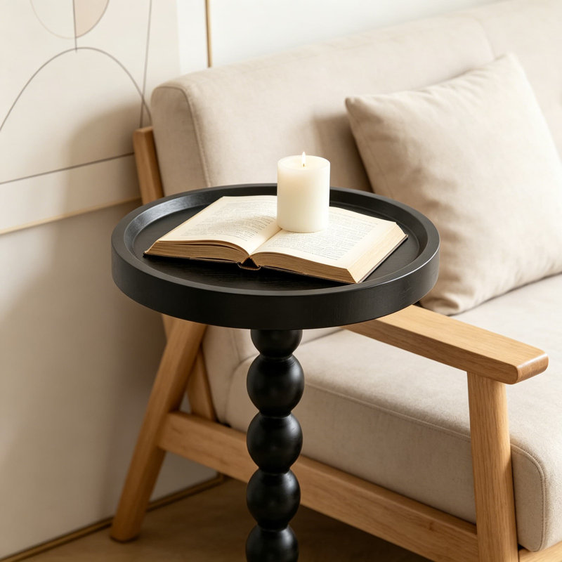 Table d'appoint ronde en bois, table à boissons moderne de style Mid-Century avec base en bois, table d'appoint robuste et fonctionnelle pour le salon, la chambre à coucher et le bureau
